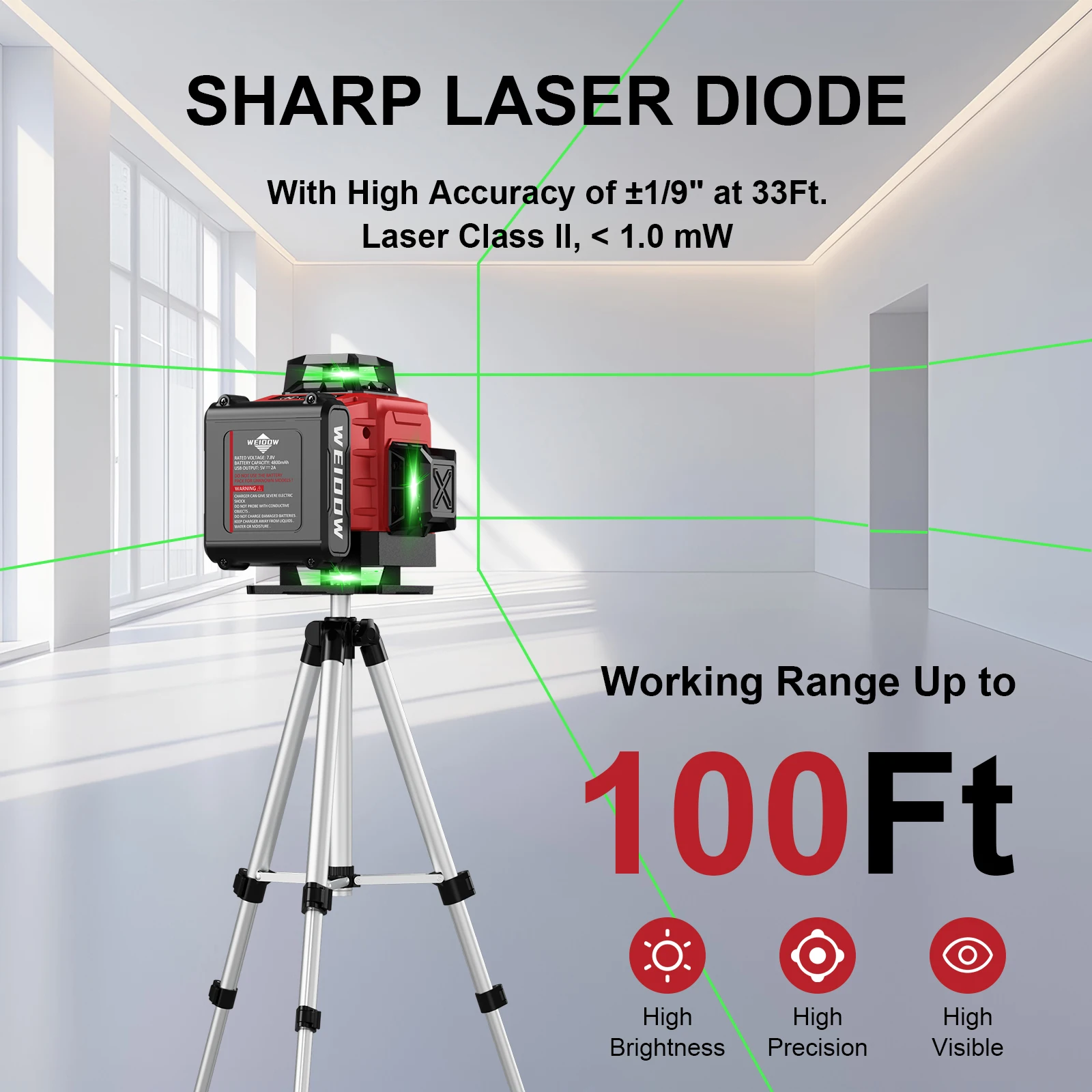WEIDDW 4D 16 Lines Laser Level with Tripod and suitcase 360 Self Leveling 4x360° Cross Line Professional Laser Construction Tool