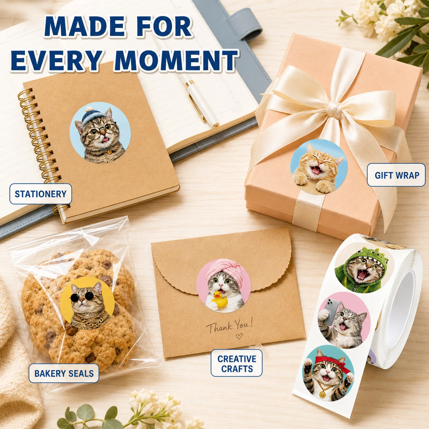 JCAC 500pcs/roll Cute Pet Series Cat Meme Stickers, Round Self-Adhesive Seal Stickers for Gift Packaging view 6