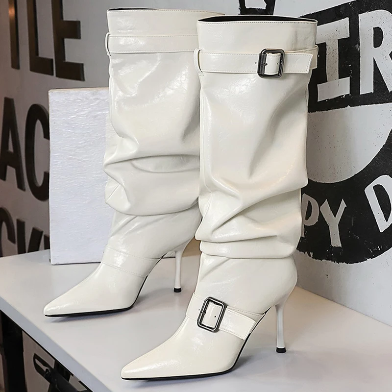 

Обувь BIGTREE, пикантные женские сапоги до колена на шпильке, сапоги на высоком каблуке с острым носком, дизайн с пряжкой на ремне, длинные сапоги, плиссированные кожаные сапоги