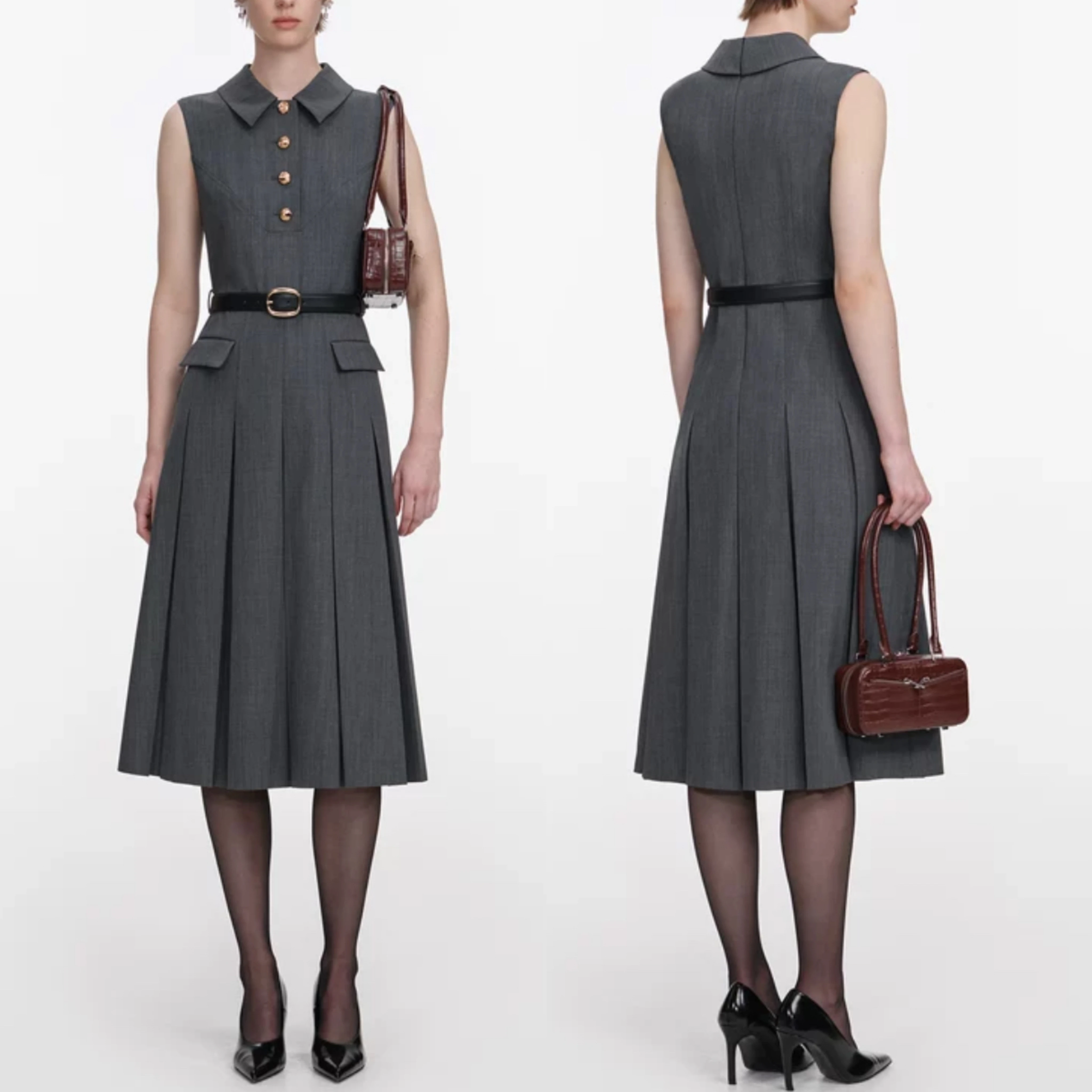 

Женское повседневное плиссированное платье с воротником-рубашкой, без рукавов, модное миди-платье в стиле OL.