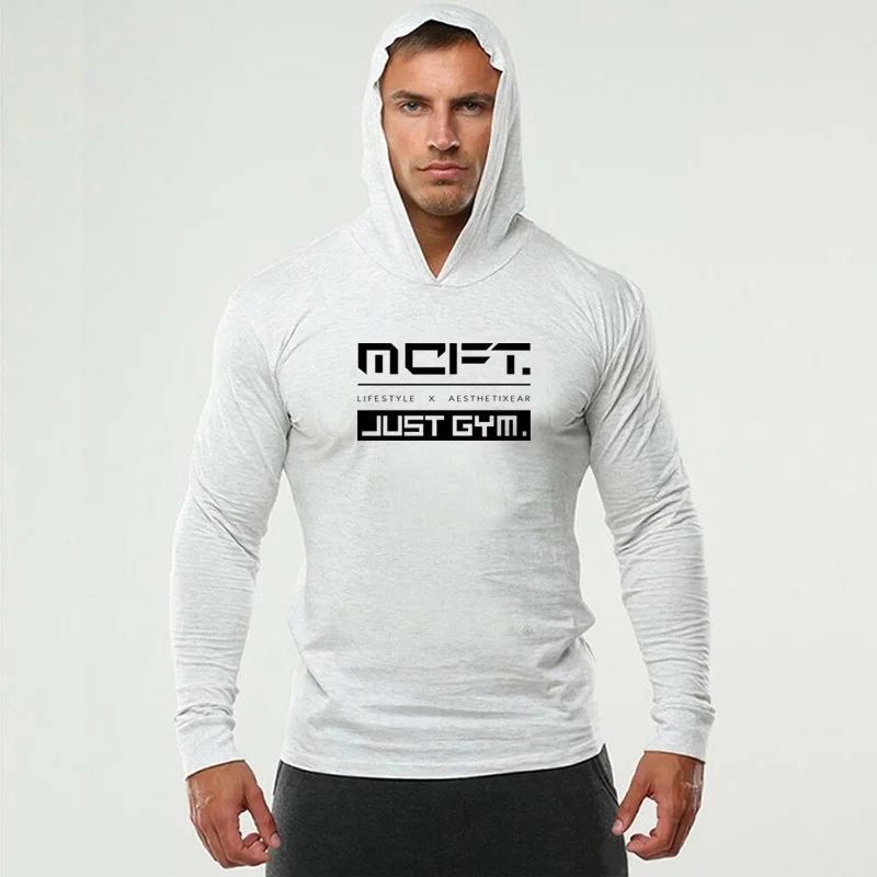 Mens Long Sleeves Elasticity Cotton Hooded T Shirts Muscle Man Gym Fitness Bodybuilding Jogger Brand Clothing Tee Shirt Homme