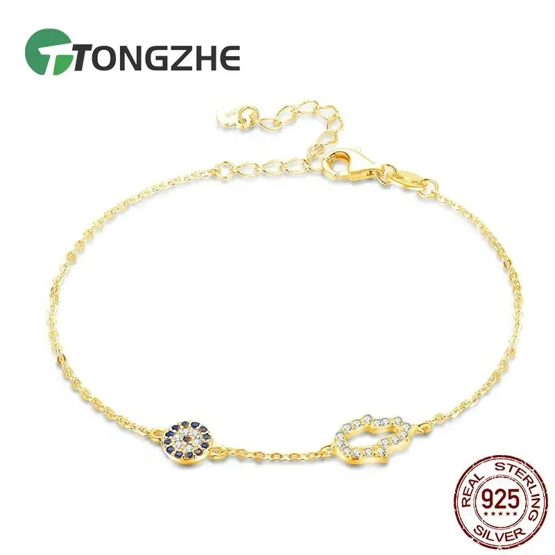 

TONGZHE Хамса ручные браслеты от сглаза для женщин Lucky стерлингового серебра 925 пробы синий CZ звенья цепи турецкие ювелирные изделия чакра