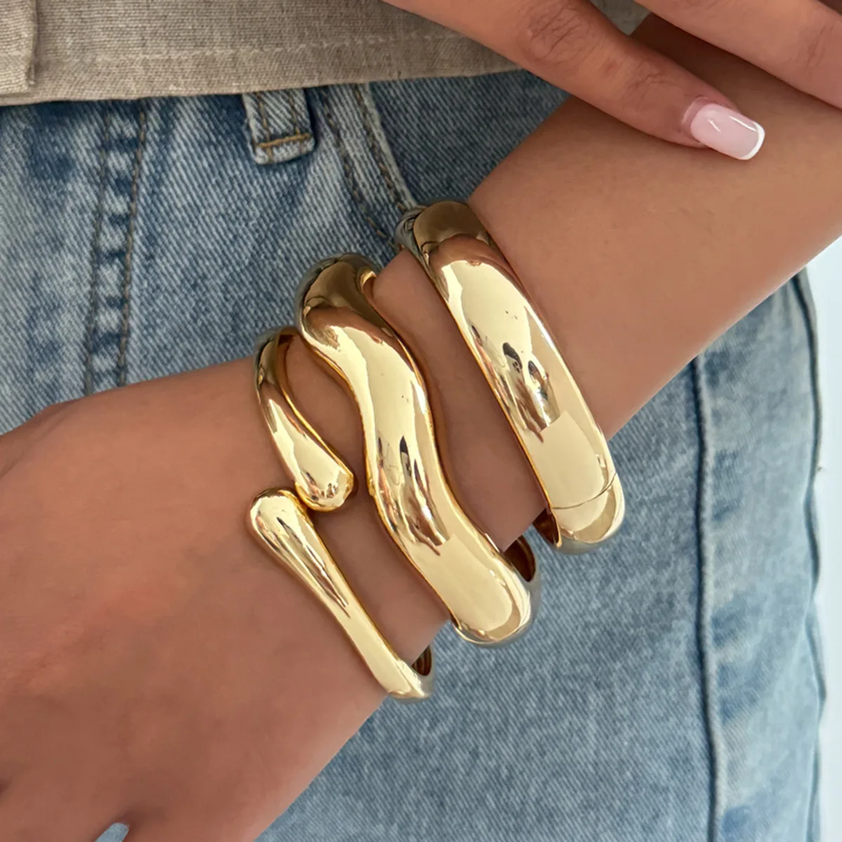 

KunJoe Creative Glossy Irregular Geometric Open Bangle Bracelet for Women New Trendy Smooth Surface Wide Spring Bangle Lady Gift