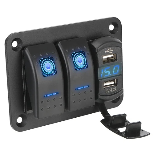 Imagen 2 del producto Panel de interruptor basculante de 12/24V para coche, barco marino, Panel de interruptor basculante LED, puerto USB Dual, disyuntor, voltímetro LED resistente al agua