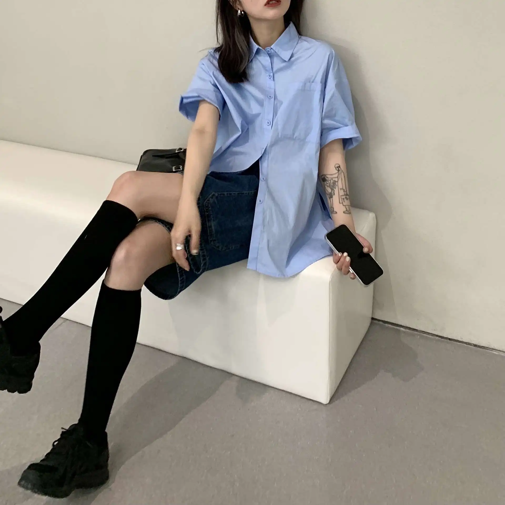 

Retro Wide Casual irt for Women Summer New Cotton 00% ort Sve Flip Collar Button Door Pure Color Commute Sle