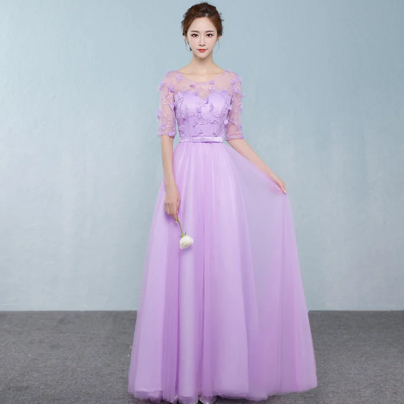 Reject Return 2024 Purple Lilac Bridemsiad Dresses With Half Sleeves Appliques Lace Up Wedding Party Prom Robe Girls Dress