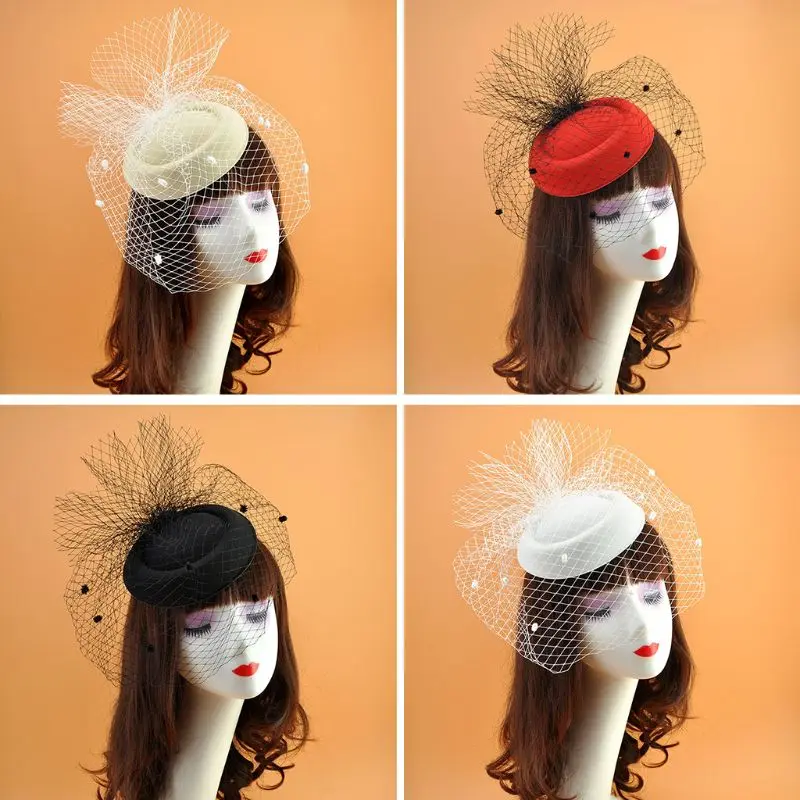 1pc Womens Felt Fascinator Hat Topper Mesh Veil Small Plush Wave Point Decor Hair Clips Wedding Bridal Cocktail Headwear