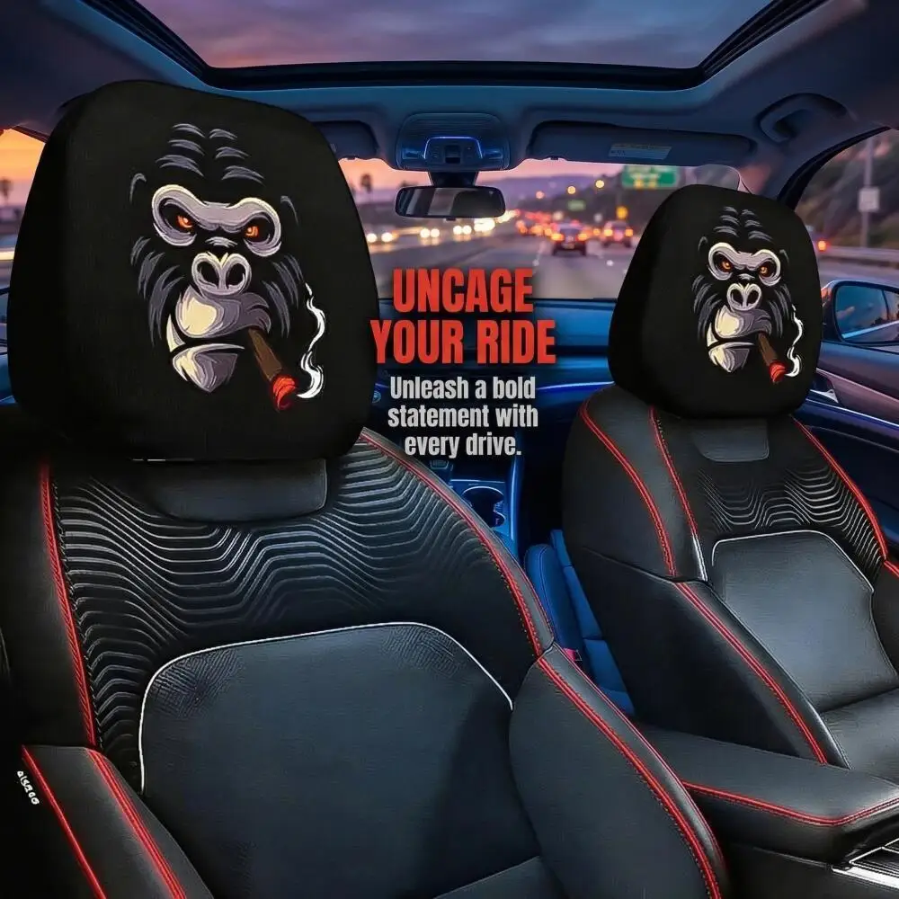 2Pcs Cool Street Style Gorilla Cigar Pattern Car Headrest Covers, Durable Stretchable Universal Auto Headrest Protectors