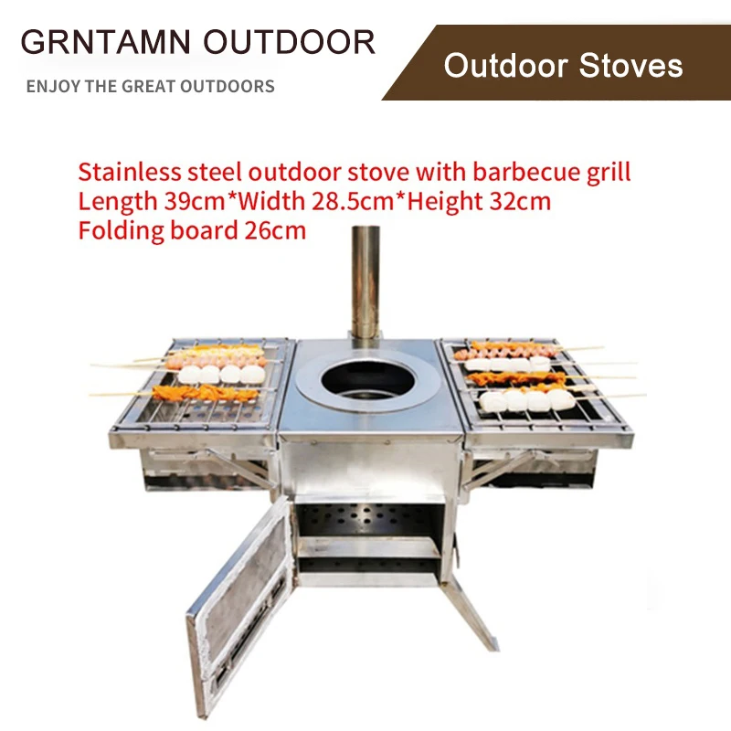 GRNTAMN-Outdoor Portable Stainless Steel Wood Stove, Self-Driving Travel Mobile Stove, Small Multi-function Barbecue Stove