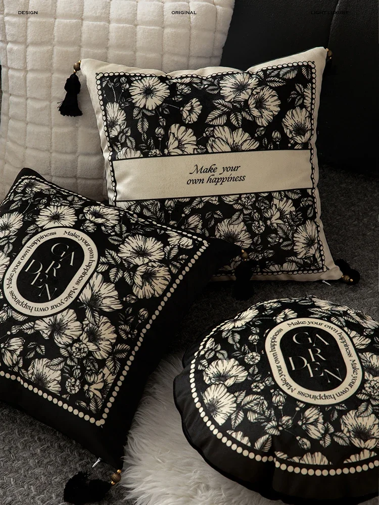 Modern Flowers Throw Pillow Covers, 18x18 inch, Decorative Pillowcases, Home Sofa, Bed, Velvet, Farmhouse Black White