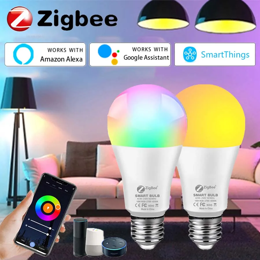

Светодиодная лампа Tuya Smart Zigbee E27 AC 85-265V 12W 15W 18W с регулируемой яркостью RGB светодиодная лампа с голосовым управлением для комнаты, спальни, гостиной, декора