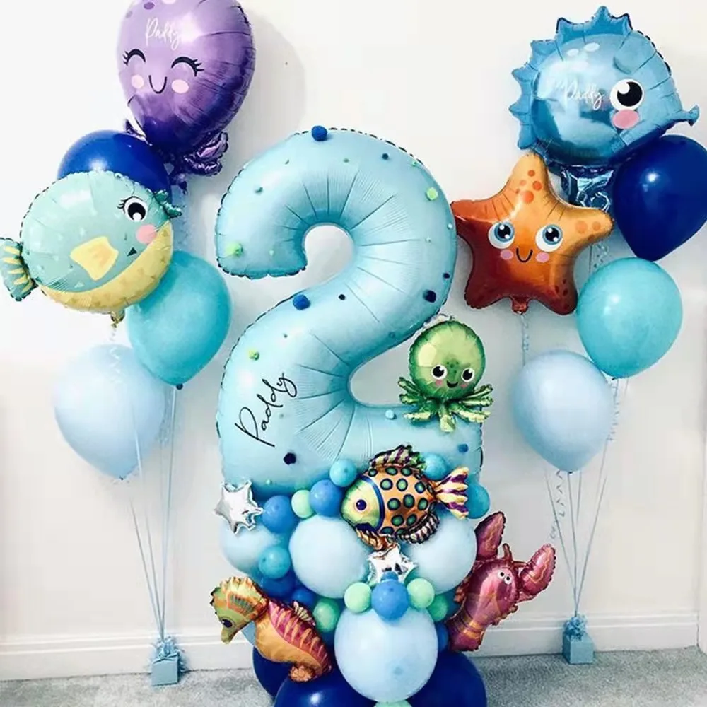 44pcs Under Sea Ocean World Animal Balloons Blue number balloon Sea Party Theme Kids happy Birthday Party Decoration Baby Showe