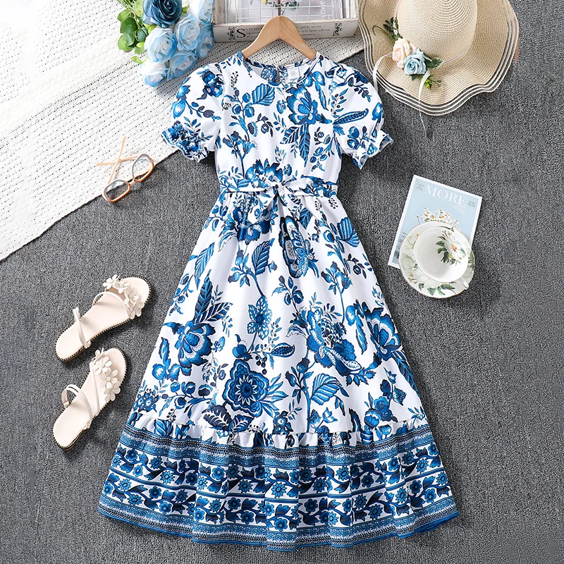 Dress For Kids 8-12 Years Blue Printed O-Neck Dress + Belt Beach holiday birthday Girls Kids Casual Clothes Summer 2024