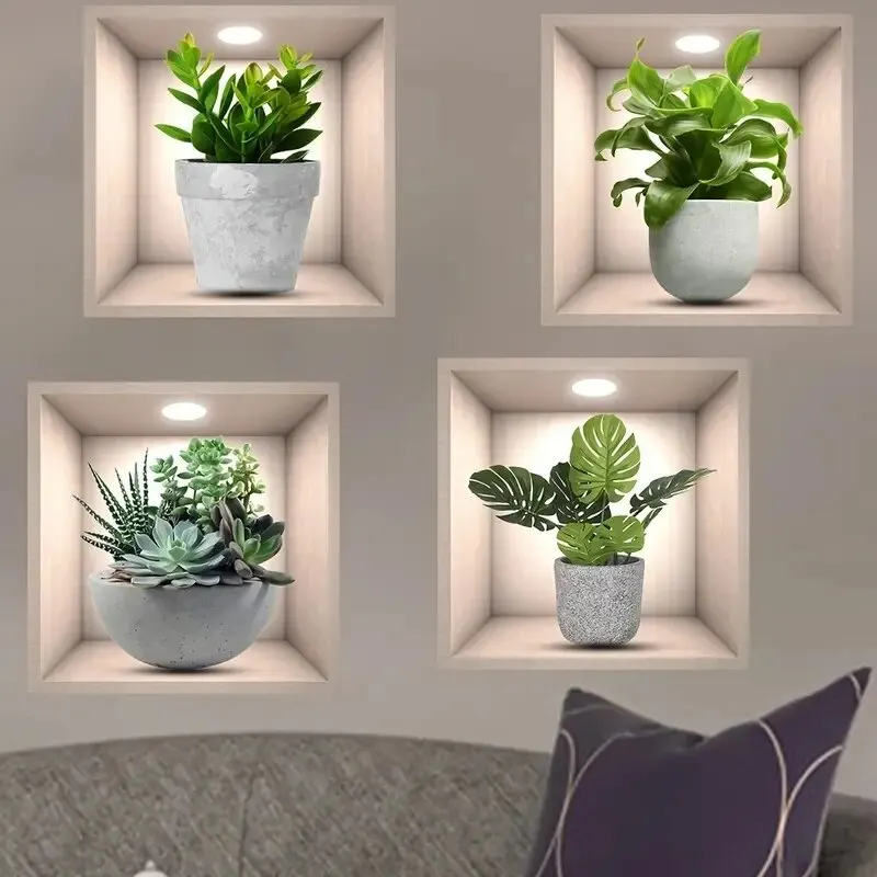 4ps Creative Floral Green Flower Pot Pattern Self-adhesive Wall Stickers Removable Stickers for Home Decoration