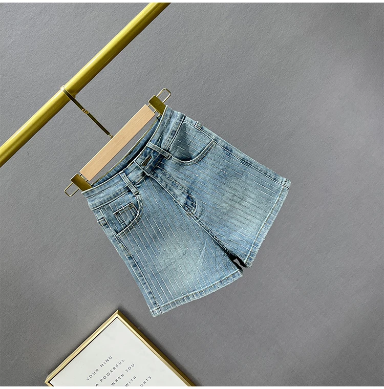 Heavy Industry Full Diamond White Denim Shorts Women 2023 New Summer Elastic High Waist Slim Jeans Short Pants Free Shipping