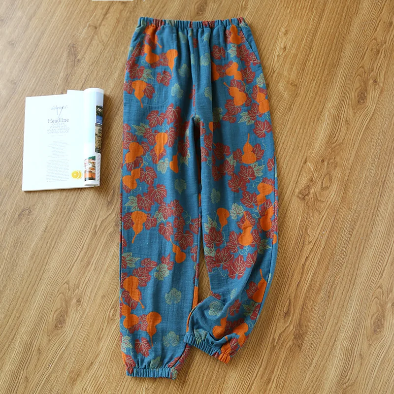 2026 New Spring Summer Women's Pajamas 100% Cotton Crepe Pants Ladies Double Sided Yarn Dyed Beachwear Loose Home Pants