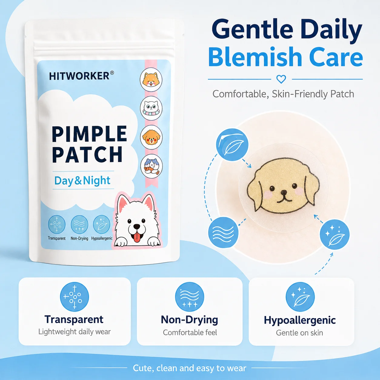Cute Puppy Design Acne Patches Cartoon Dog Hydrocolloid Spot Treatment Skin Care Stickers