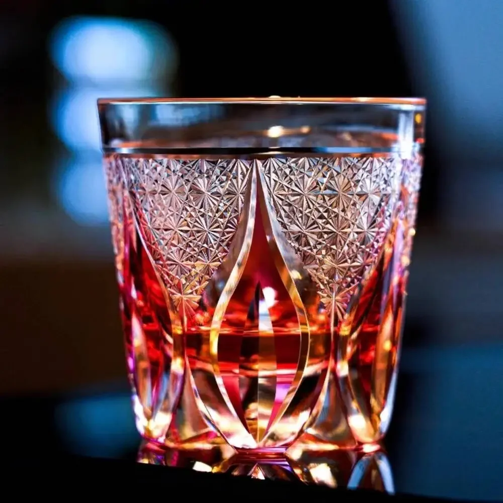 Upscale Pink Crystal Wine Glass Edo Kiriko Whisky Cup Hand Carving Flame Pattern Water Glass Liquor Brandy Snifter Top Present