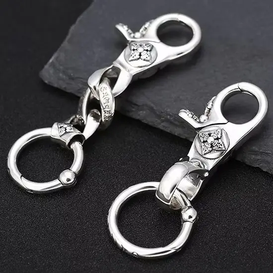 

Брелок для ключей из стерлингового серебра S925, винтажный тайский серебряный брелок с шестью символами и бриллиантом, для ключей от машины, мужской поясной сумки