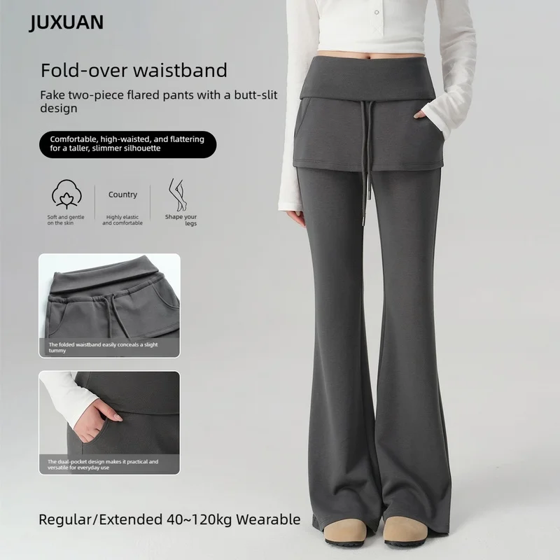 Women Foldover Wide Waistband Flare Pants Autumn New High Waist Sports Bootcut Pants Slim Draping Casual Micro Flare Trousers
