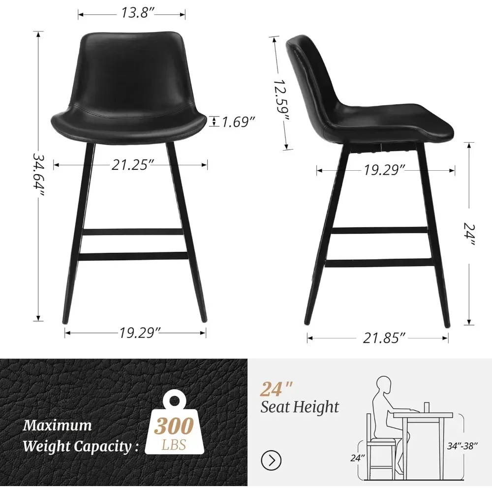 Counter Stool Set of 3, 24 Inch Bar Chairs with Back and Footrest, Faux Leather Bar Stools