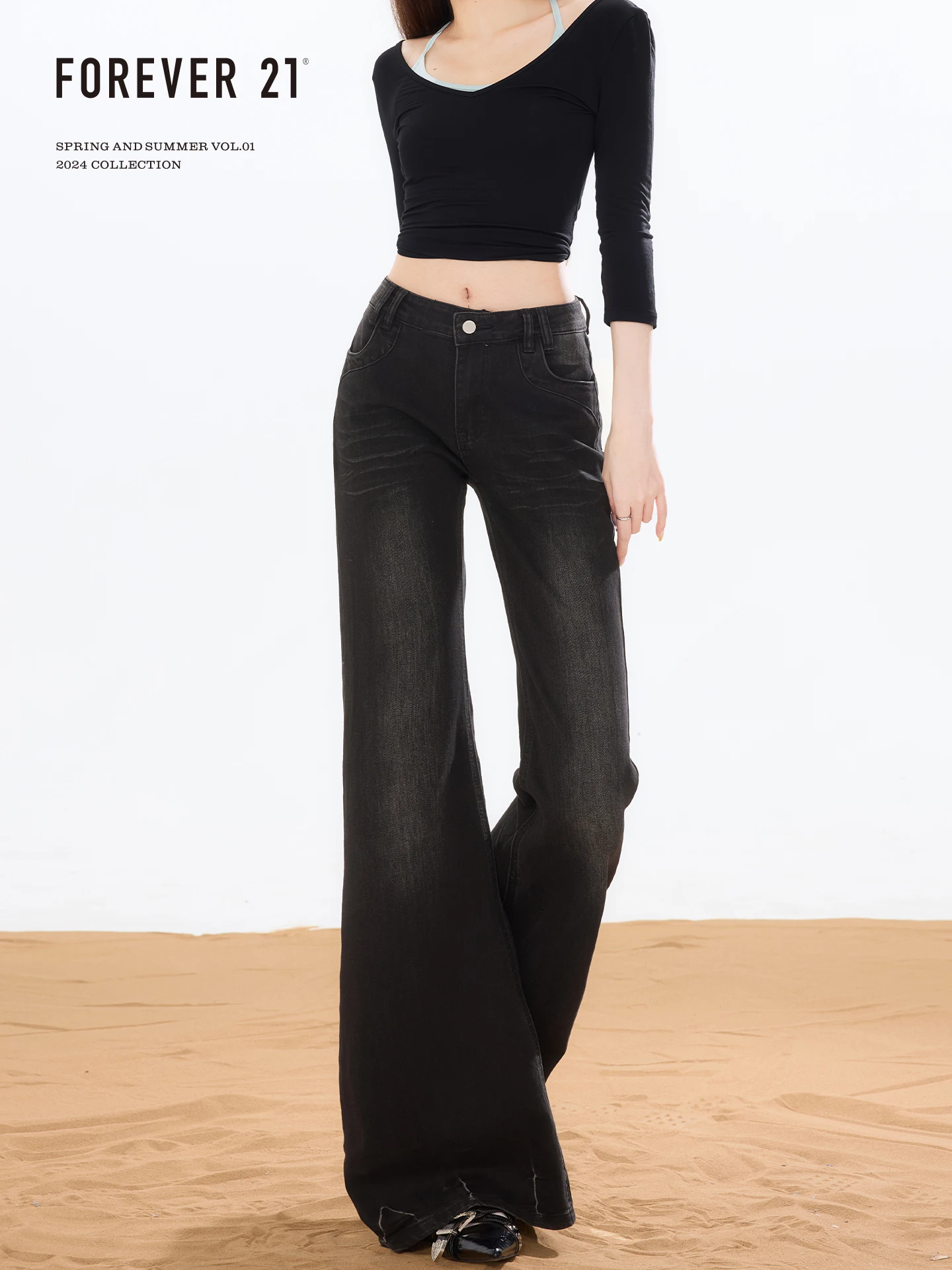 Forever 21 American Style High Waist Bell Bottom Jeans Women's Trendy Slim Fit Black Denim Pants Pocket Detail Moderate Stretch
