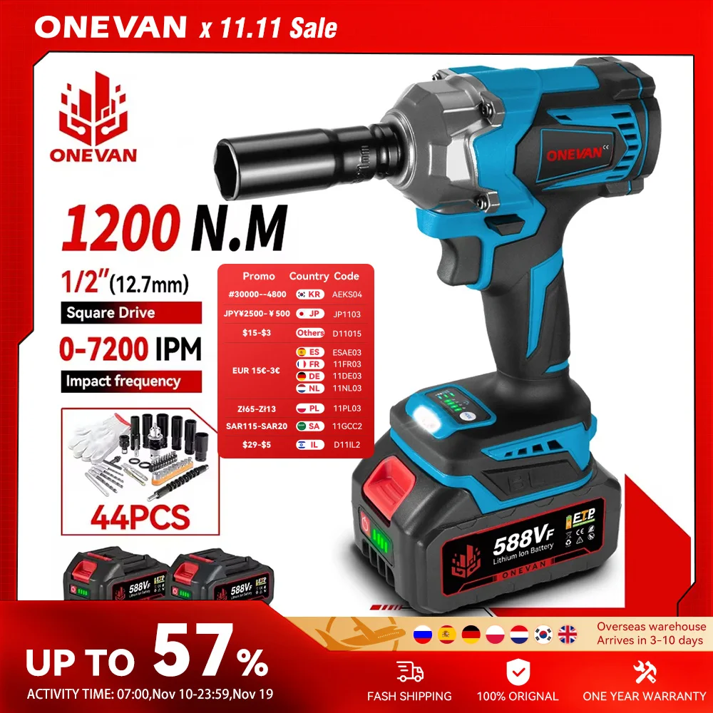 ONEVAN 1200N.m Brushless Electric Impact Wrench 1/2 inch Cordless Electric Screwdriver Drill Tool For Makita 18V Battery Pin