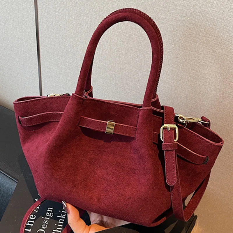 Matte Leder Wildleder Tote Handtaschen für Frauen Große Kapazität Retro Schulter Tasche Herbst Winter Gürtel Design Weibliche Umhängetaschen
