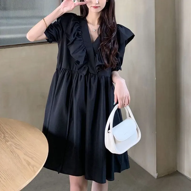 Stylish Ruffles Spliced Loose Dresses Solid Color Women\'s Clothing Casual V-Neck Summer New Short Sleeve Sweet A-Line Midi Dress