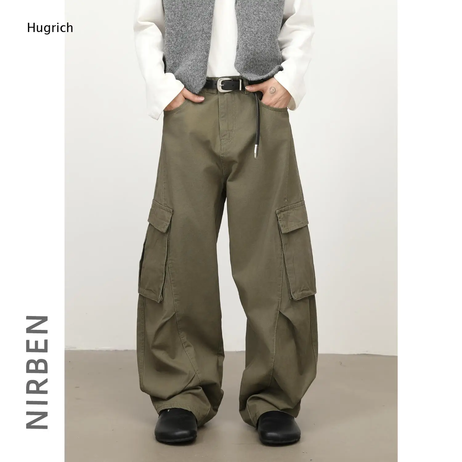 Men Army Green Big Flap Side Pocket Baggy Wide Leg Cargo Pants Ruched Knee Streetwear Trousers