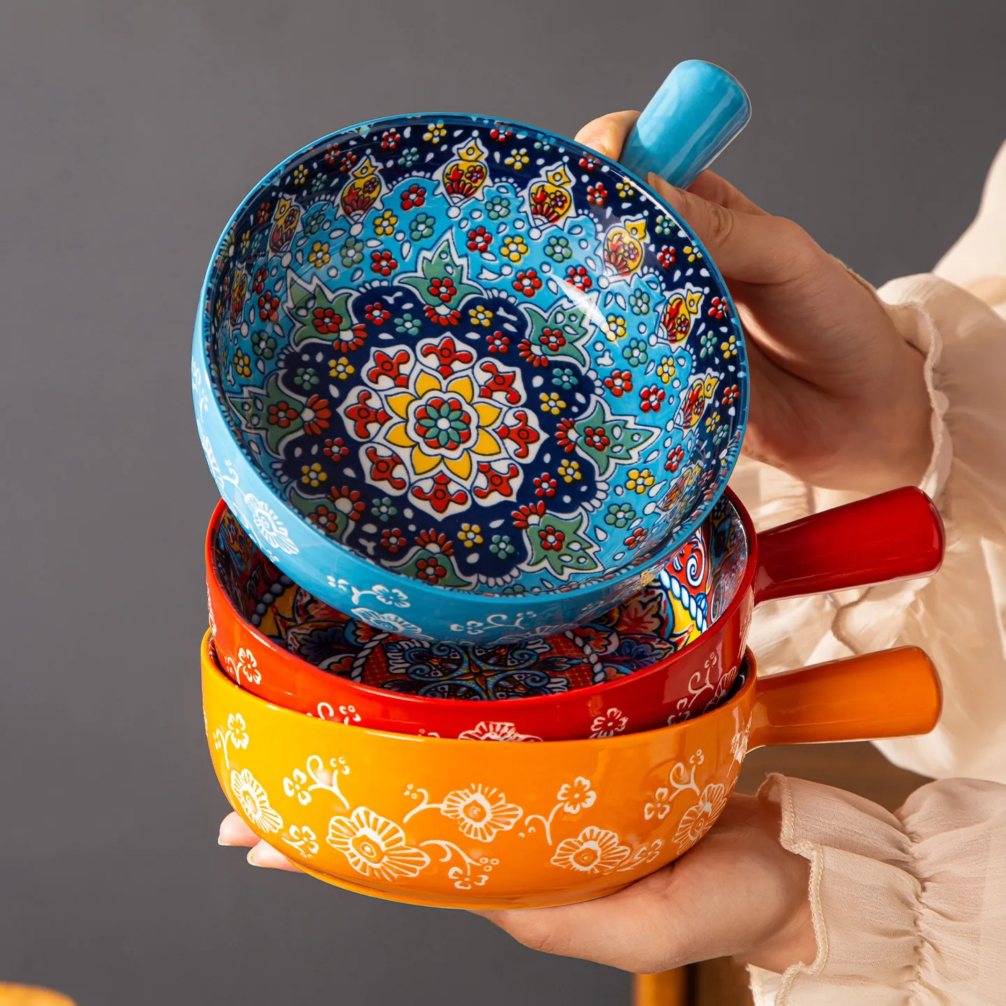 Bohemian Handle Bowl Ceramic with Handle Instant Noodle Bowl Baking Bowl High Appearance Level New Style Fruit Salad Bowl