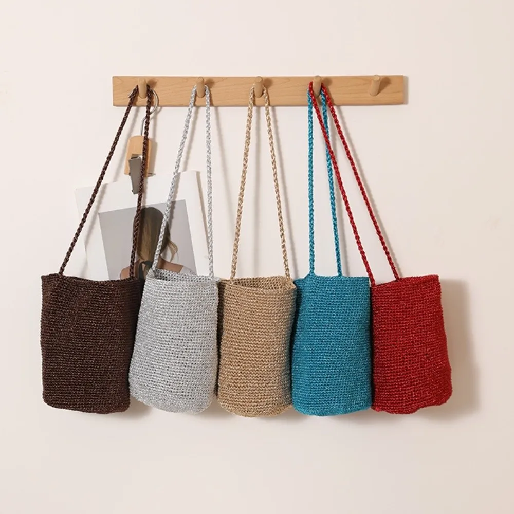 New Large Capacity Handwoven Bucket Bag Boho Solid Color Shoulder Bag Straw Design Handmade Crossbody Bag Gifts image 4