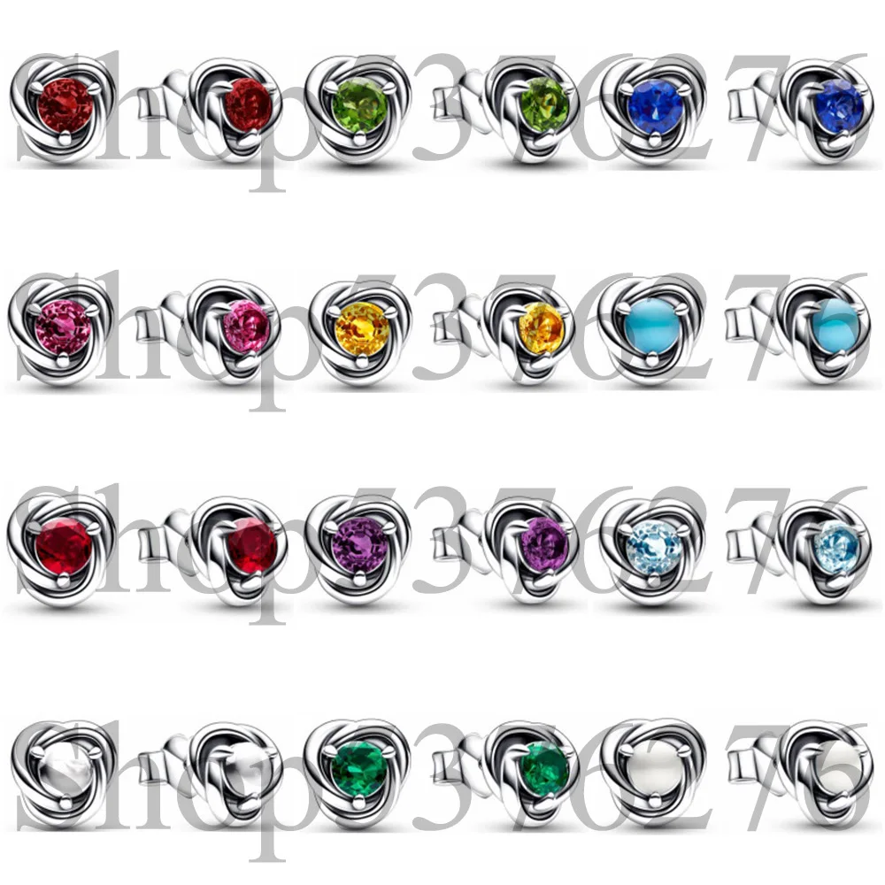 925 Sterling Silver Twelve Months March April August Birthstone Eternity Circle Fashion Stud Earrings For Women Gift DIY Jewelry