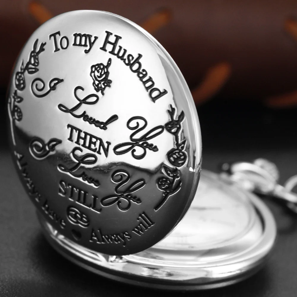 Silver Love My Husband 3D Embossed Quartz Pocket Watch Necklace Pendant Fob Chain Vintage Steam Punk Pocket Watch Christmas Gift