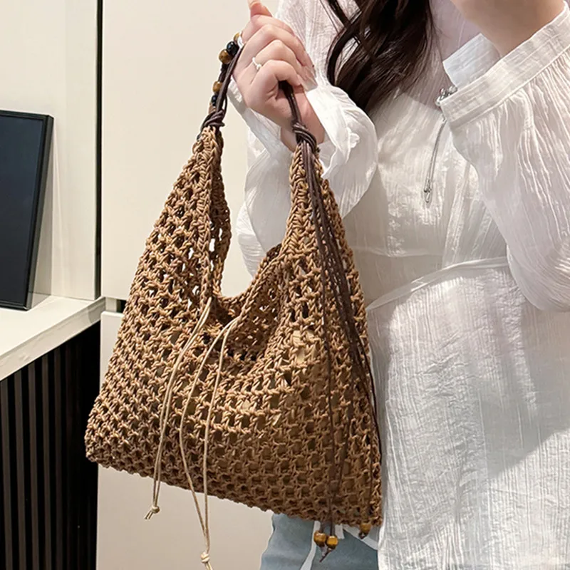 

Fashion Large Capacity Beach Shopping Bag Luxury Hollow Design Woven Shoulder Bags Women Handmade Handbags Travel Totes