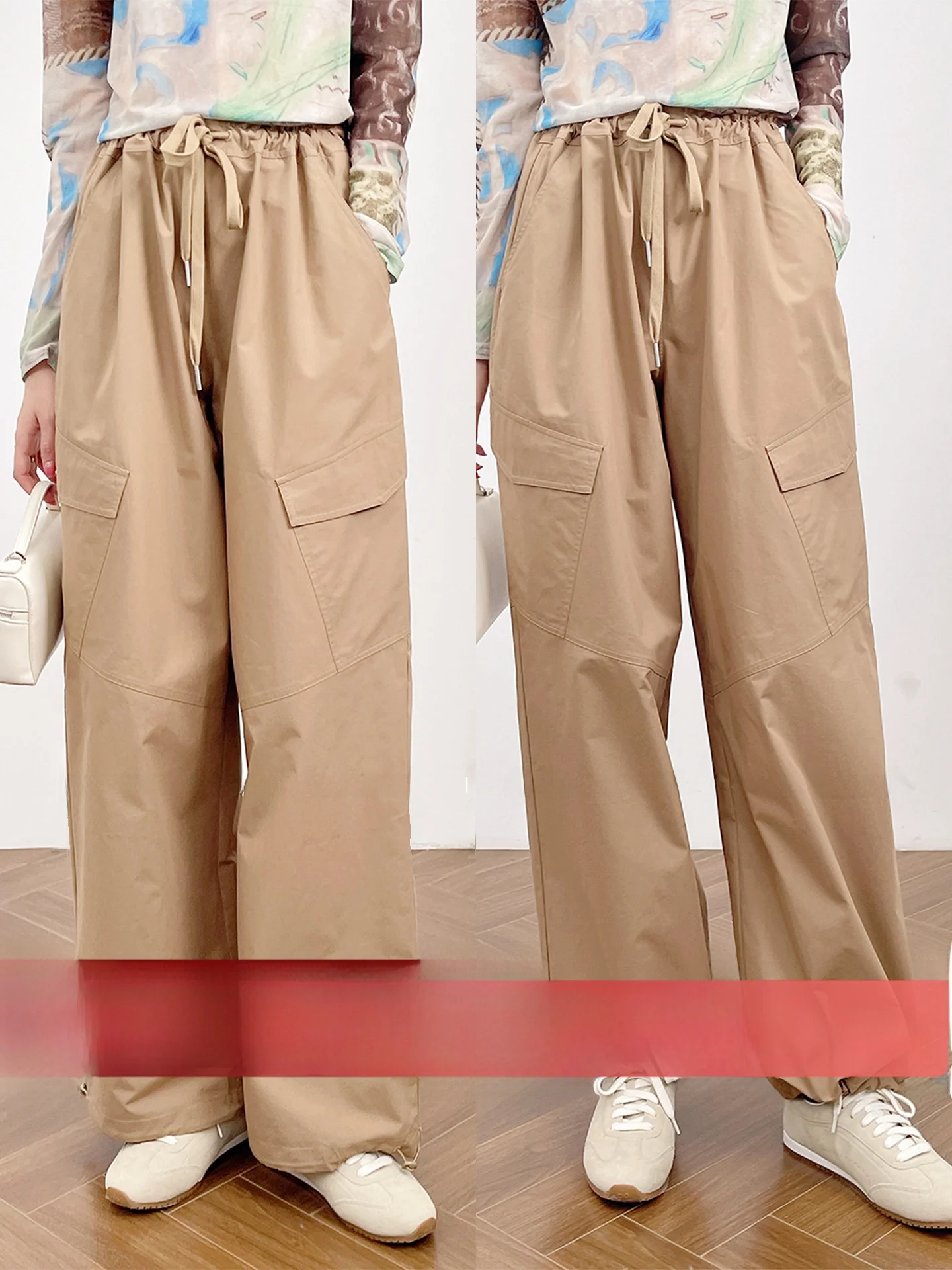 

High Waist Drawstring Wide Leg Long Velvet Cotton Work Pants Women's New Style American Retro Elastic Waist Cargo Pants