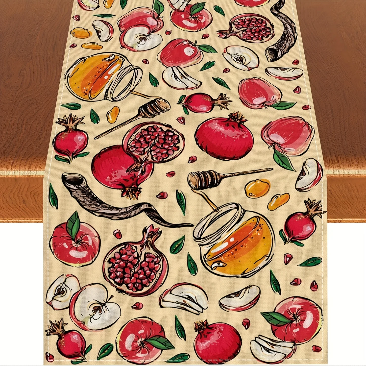 [ Rosh Hashanah Runner] Rosh Hashanah Table Runner - 1pc Floral Fruit Motif With Apples, Pomegranates & Honeydew, Jewish New Ye
