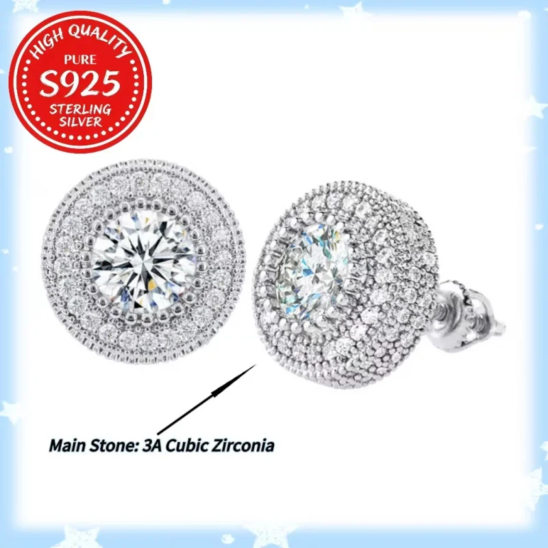 

Серьги-гвоздики в стиле хип-хоп с круглыми цирконами, из стерлингового серебра 925 пробы с цирконием 3А, геометрические, унисекс, подарок на Рождество и День святого Валентина