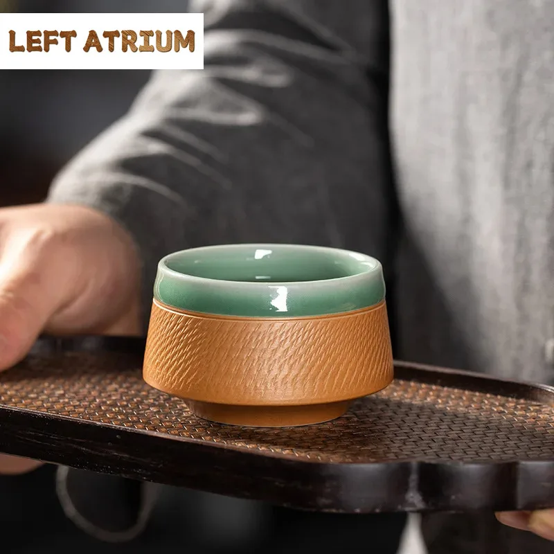100ML Pure Handmade Jumping Knife Teacup Double Glaze Celadon Cup Aesthetic Tea Bowl Meditation Cup White Tea Drinkware Craft