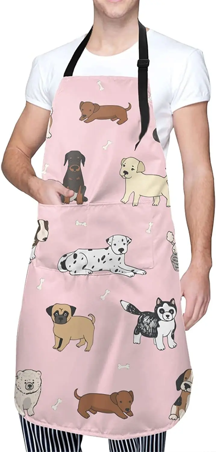 Cute Dogs Animals Waterproof Apron with 2 Pockets Cartoon Pets Kitchen Chef Aprons Bibs for Cooking Baking Painting Gardening