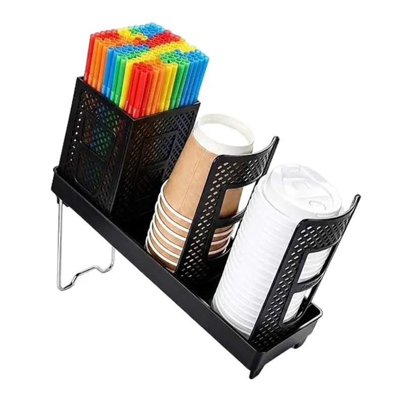 WORTHOWN-Plastic Cup& Lid Holder With Straw Organizer, 3-Compartment Countertop Dispenser Design For 10-24Oz Cups