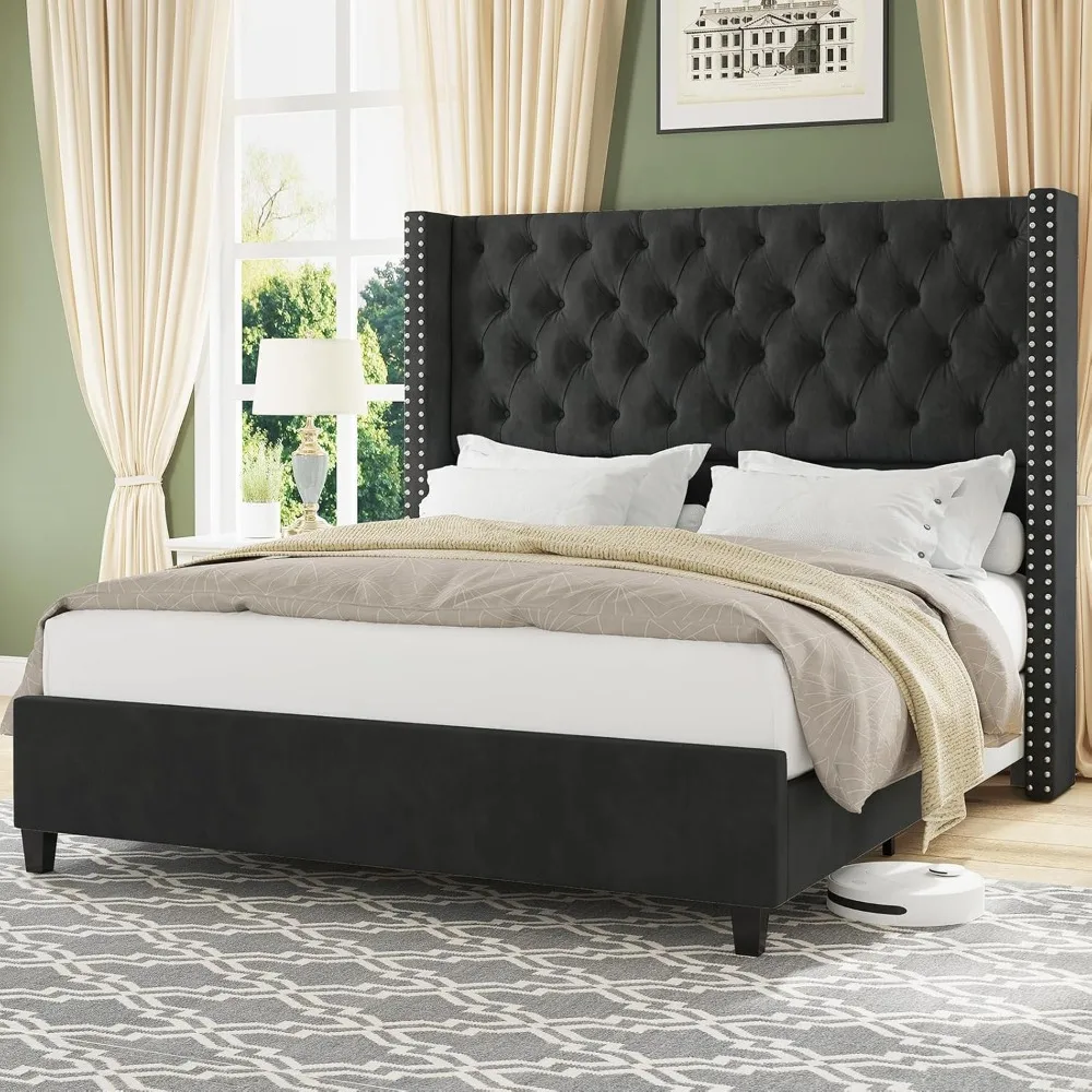 

King Upholstered Bed Frame with Tall Headboard Wingback Platform Bed Tufted Deep Button Velvet/No Box Spring Needed