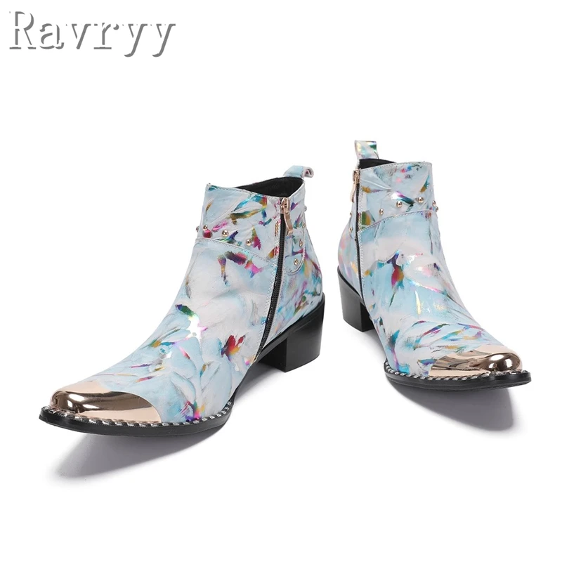 Luxury Brand Genuine Leather Prints Men Boots Metal Capped Toe Rivets Zip Ankle Boots Elegant Male Luxury Dress Wedding Shoes