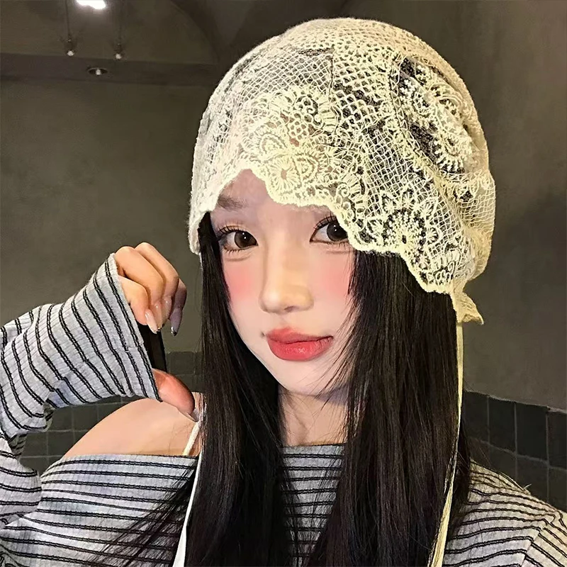 New Drawstring White Hollow Out Flower Bonnet Spring Women's Knitted Embroidered Soft Breathable Elegant Exquisite Hat Cute Gift