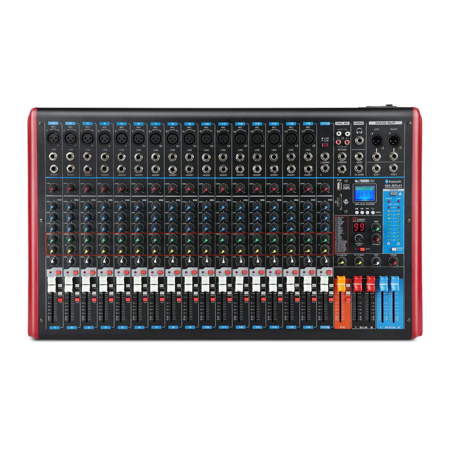 

Professional Audio Mixer 18-Channels 99DSP +48V Phantom Power Ultra-low Noise for Stage Karaoke Conference DJ Mixing Console