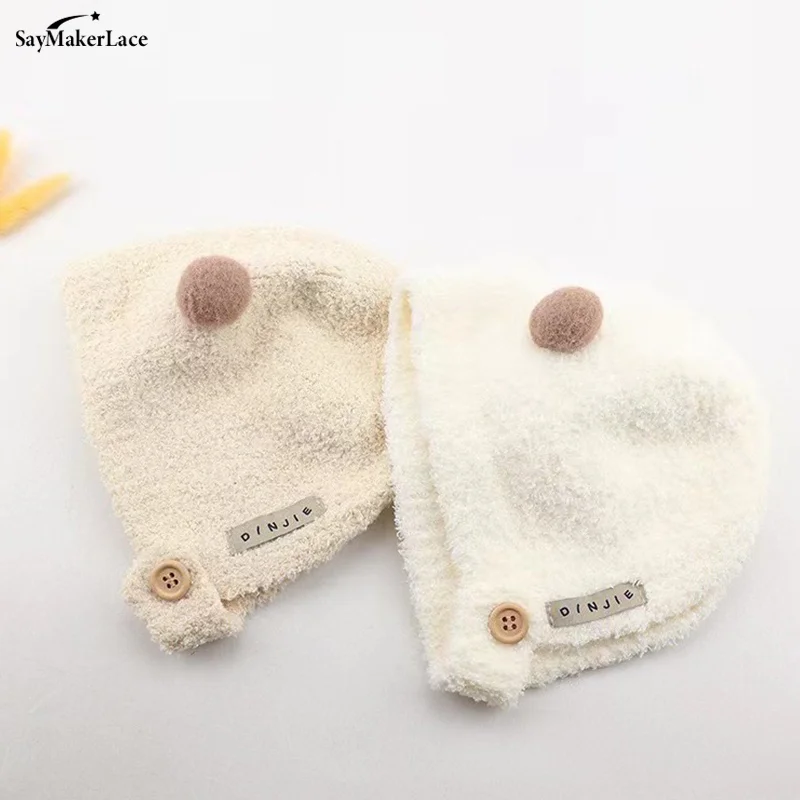 1pc Cute Pom Bear Baby Hat 2024 Autumn Winter Baby Beanie Hat Girls Boys Ear Protection Hat Soft Thickened Bonnet Cap