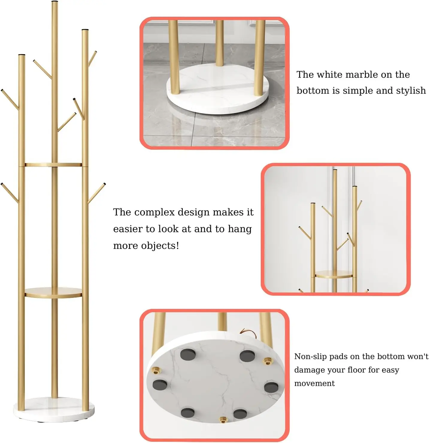 Gold Coat Racks Freestanding with 9 Hooks, Metal Coat Stand with Heavy Marble Base, Entryway Coat Tree Hanger, Purses Racks view 3