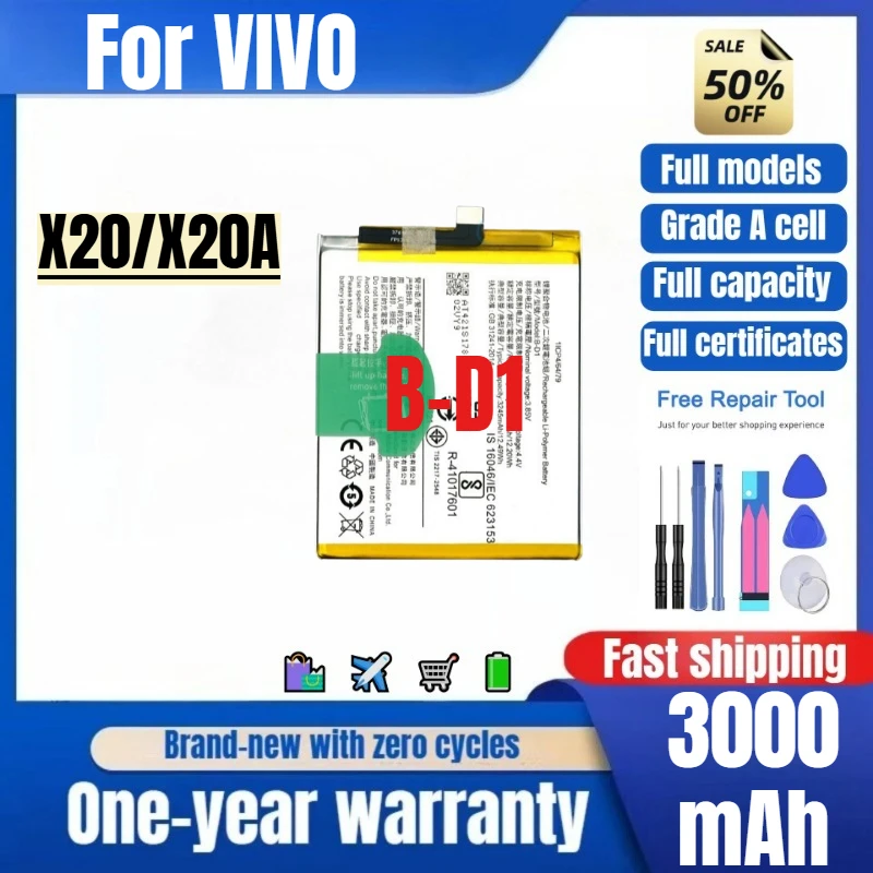 

B-D1 for VIVO X20/X20A Mobile Phone Battery High Quality High Capacity Battery Replacement Bateria Grade A Cell with Tools