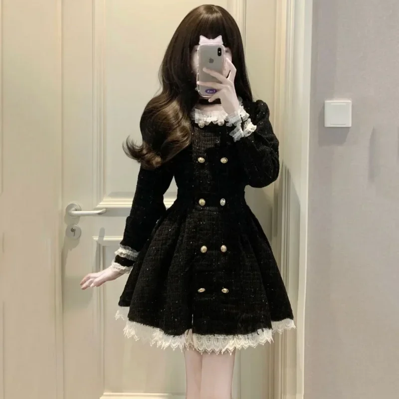 Elegant Fashionable Mini Dress Women's Autumn New Style Tweed Socialite Color Blocking Double Row Button Long Sleeve Dress