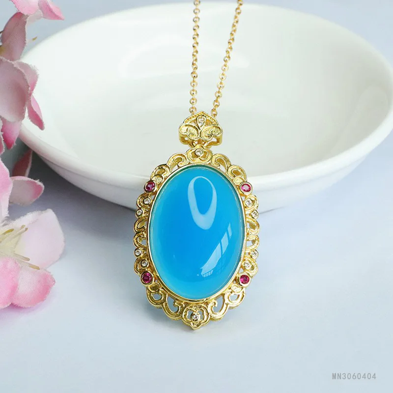 Ice blue chalcedony pendant pigeon egg agate necklace